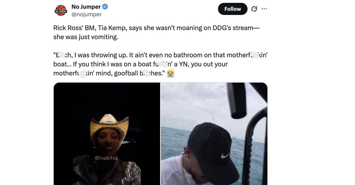 Enter caption Tia Kemp's clarification about the viral boat video (Screenshot via X/@nojumper)